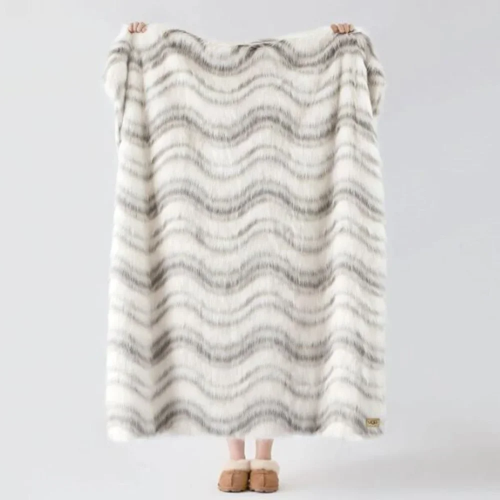 NWT UGG ROSIA FUR OVERSIZED THROW BLANKET‎ TAN GRAY 50 X 70